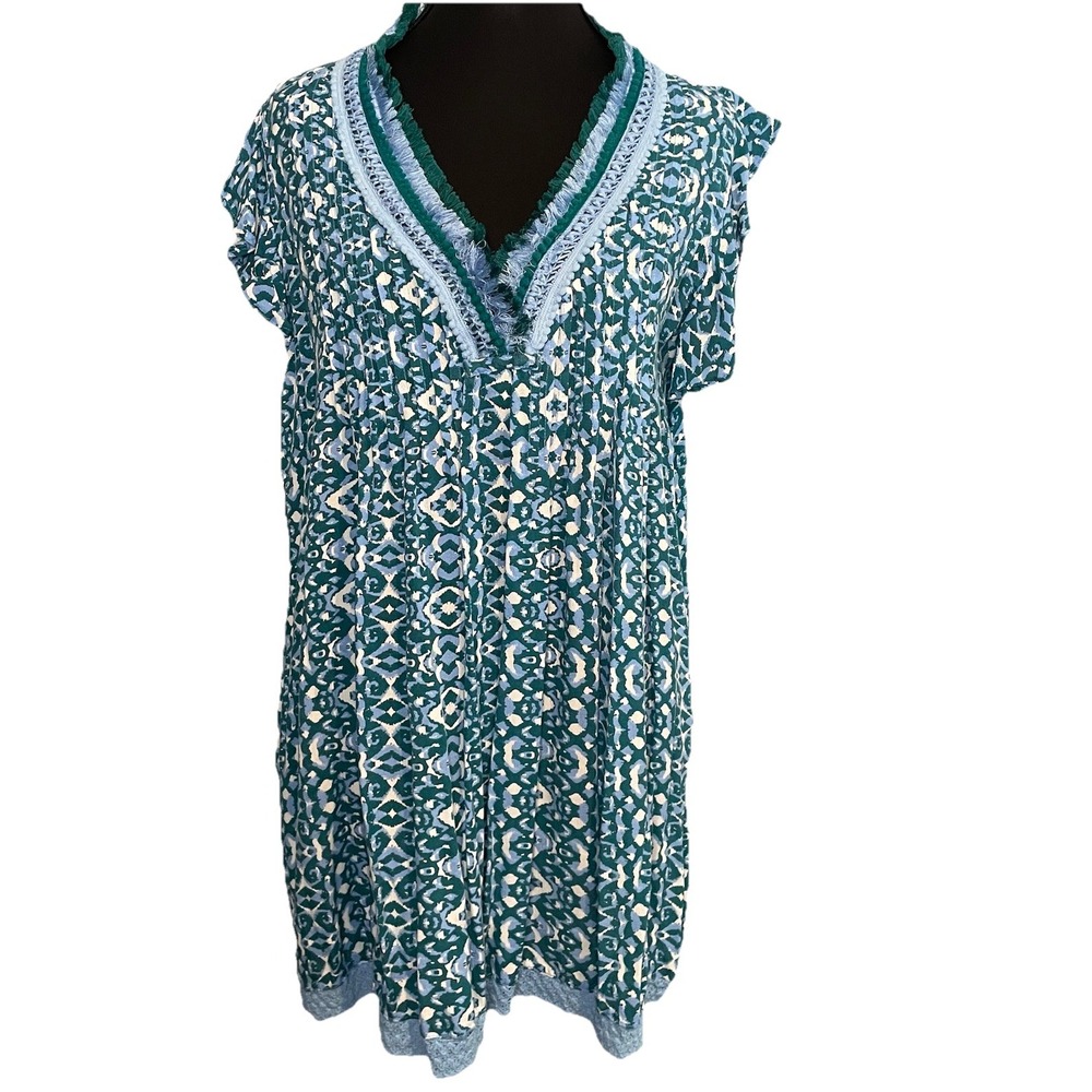 Japna Goa Beachwear Dress Cover Up V-Neck Fringe Top Size XS Green White‎ Blue
